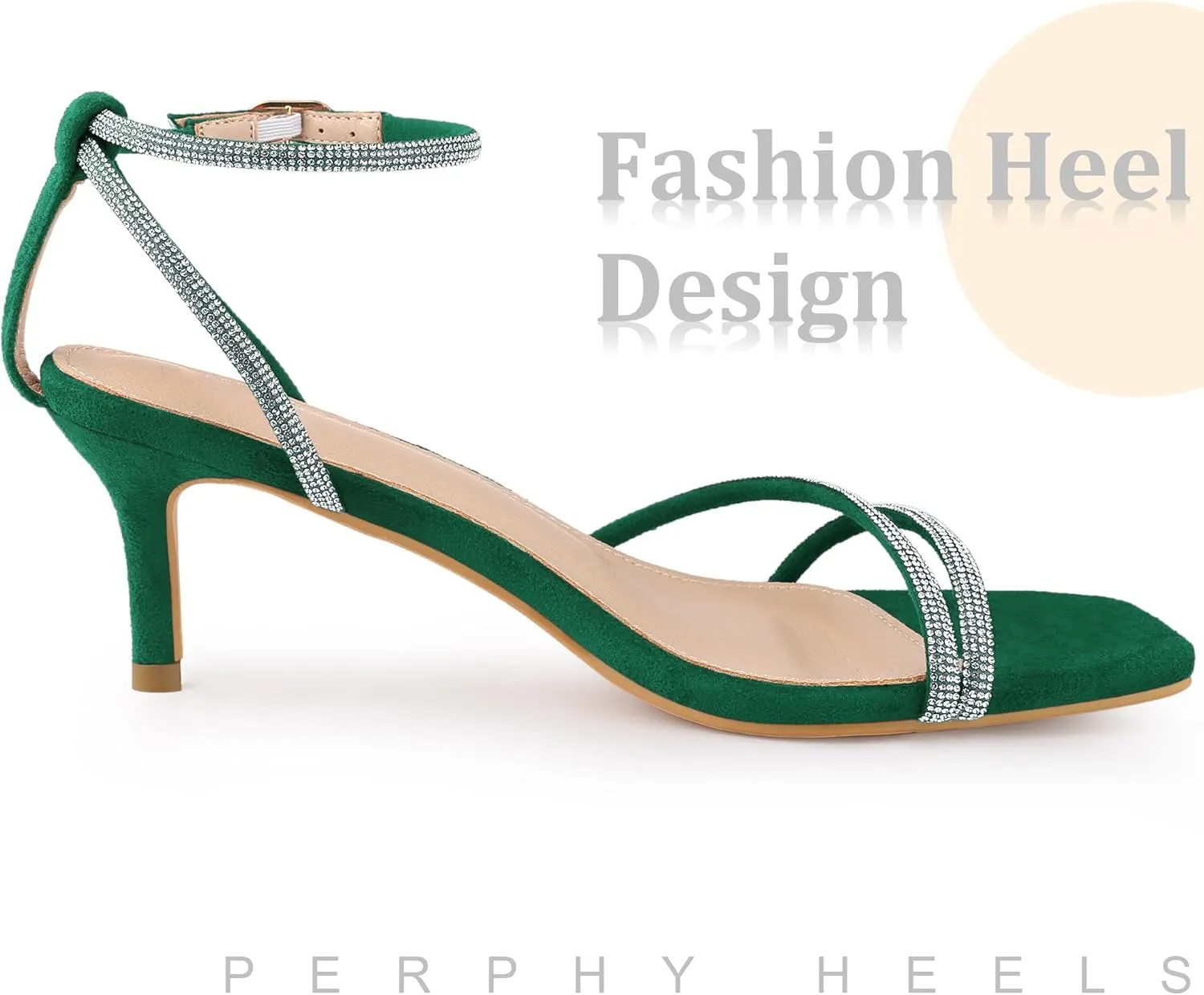 Perphy Squared Toe Ankle Strap Rhinestone Kitten Heels Sandals for Women
