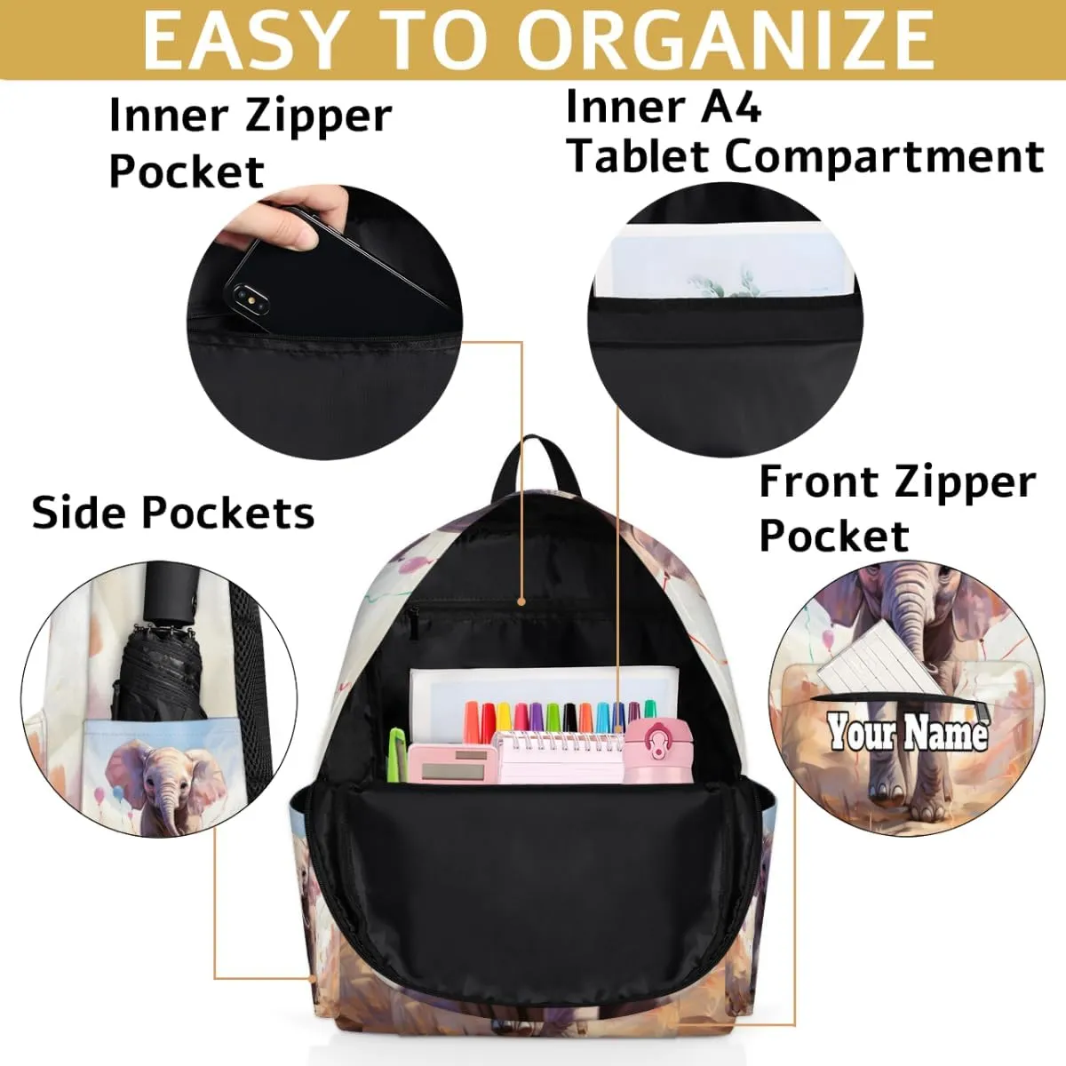 Personalized African Elephant Preschool Toddler Backpack for Boys Girls Custom Kids Name Small Bookbags Kindergarten Elementary Backpack, Elephant Design