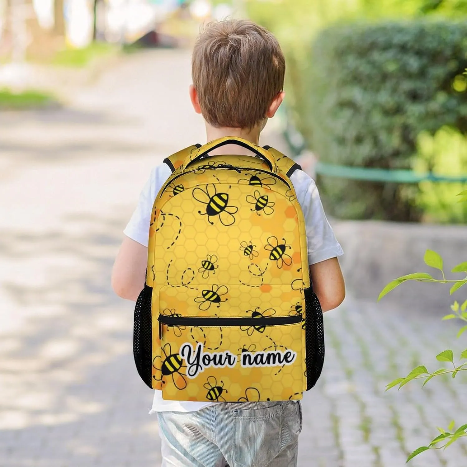 Personalized Bee Backpack for Girls Boys, 16 Inch Yellow Backpacks for School, Cute, Adjustable Straps, Durable, Lightweight, Large Capacity Bookbag for Kids