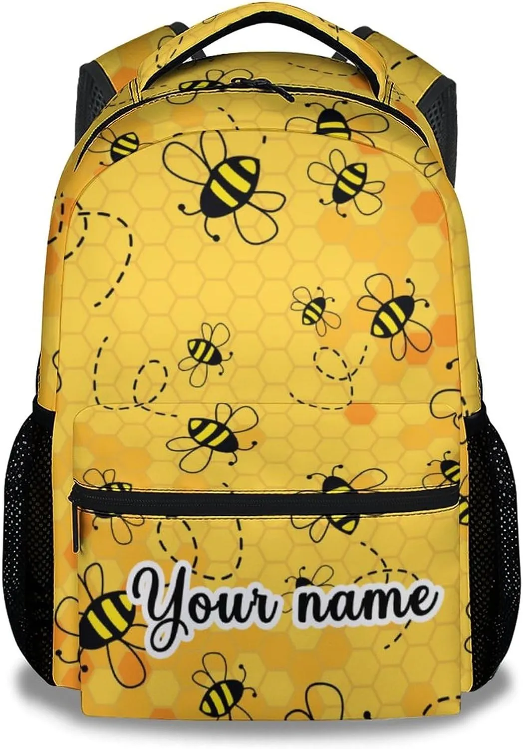 Personalized Bee Backpack for Girls Boys, 16 Inch Yellow Backpacks for School, Cute, Adjustable Straps, Durable, Lightweight, Large Capacity Bookbag for Kids
