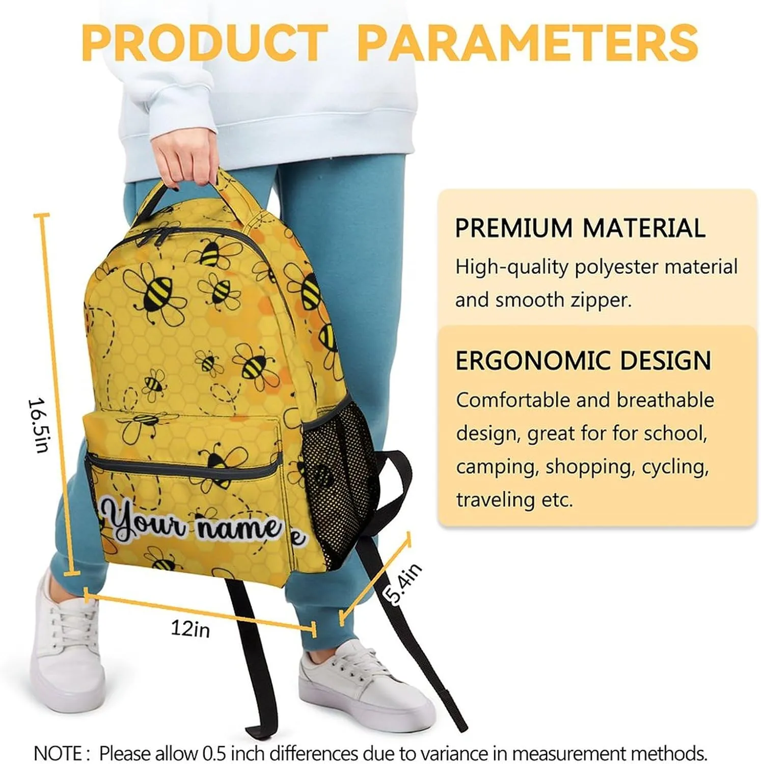 Personalized Bee Backpack for Girls Boys, 16 Inch Yellow Backpacks for School, Cute, Adjustable Straps, Durable, Lightweight, Large Capacity Bookbag for Kids