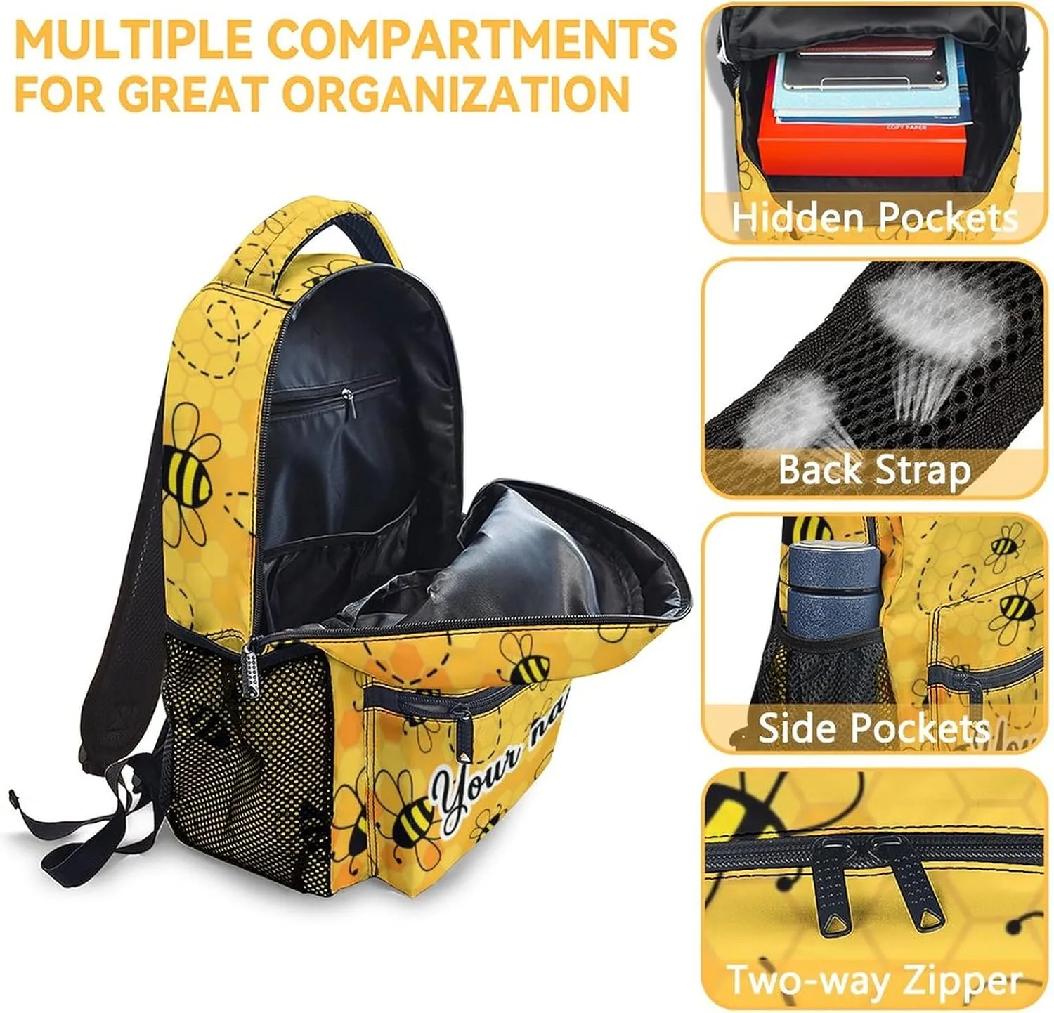 Personalized Bee Backpack for Girls Boys, 16 Inch Yellow Backpacks for School, Cute, Adjustable Straps, Durable, Lightweight, Large Capacity Bookbag for Kids