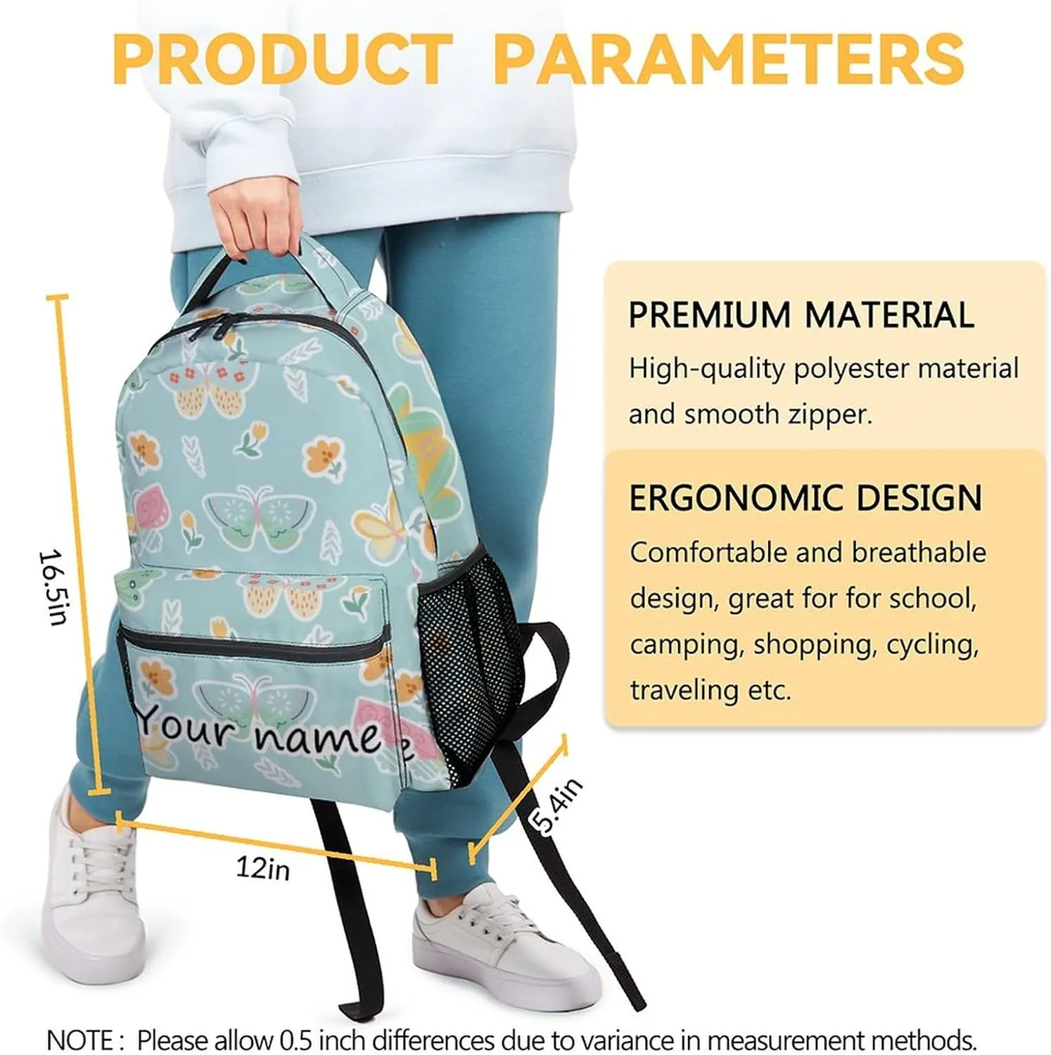 Personalized Butterfly Backpack for Girls - 16 Inch Aesthetic Backpack for School - Green, Large Capacity, Durable, Lightweight Bookbag for Kids Travel