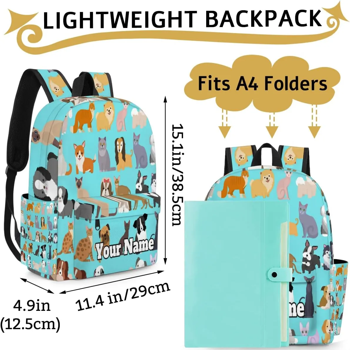 Personalized Cute Cat Dog Preschool Toddler Backpack for Boys Girls Custom Kids Name Small Bookbags Kindergarten Elementary Backpack, Set Funny Puppy Kitten