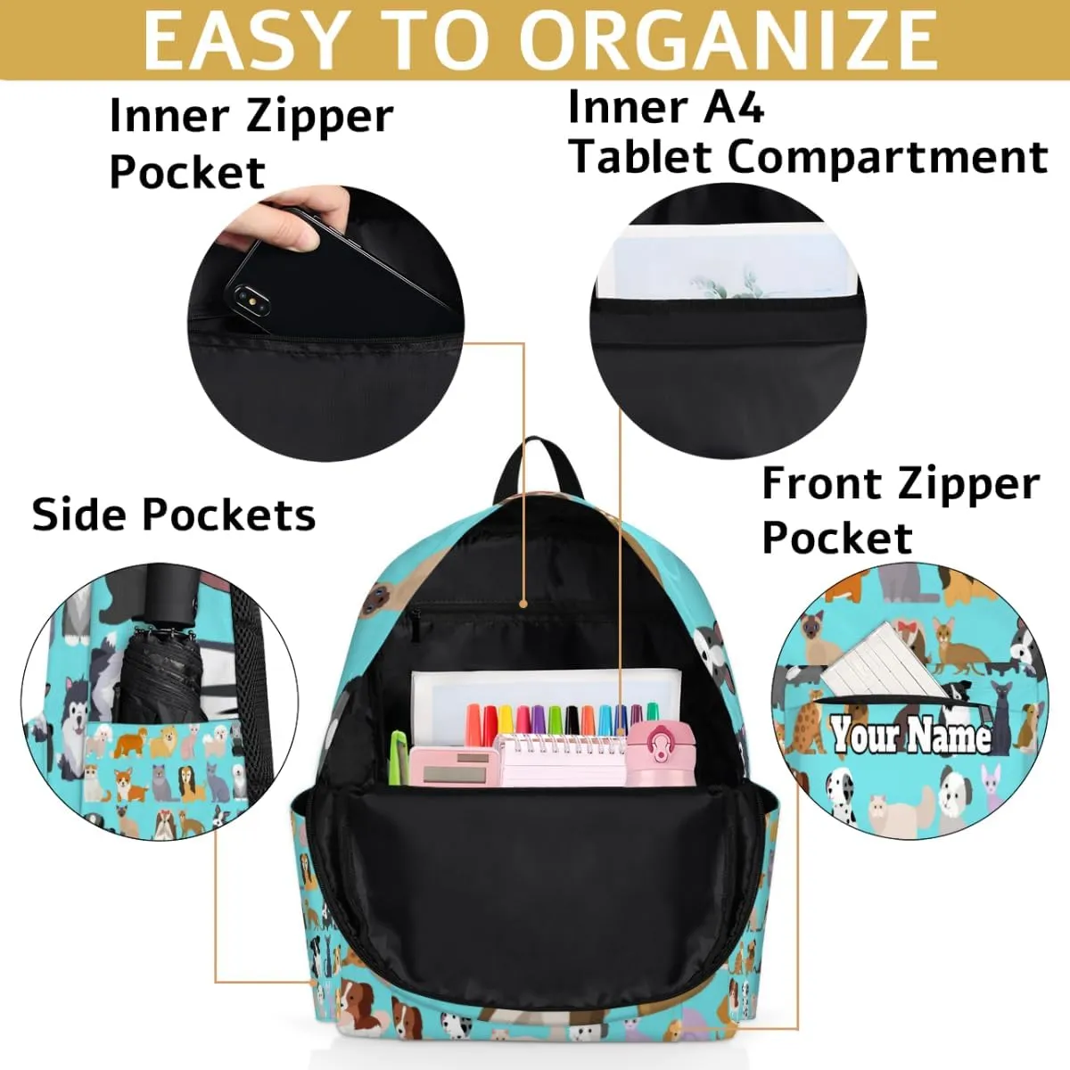 Personalized Cute Cat Dog Preschool Toddler Backpack for Boys Girls Custom Kids Name Small Bookbags Kindergarten Elementary Backpack, Set Funny Puppy Kitten