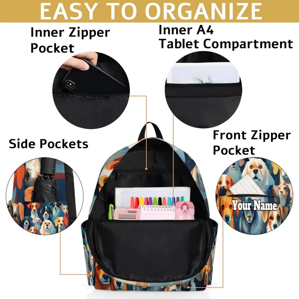 Personalized Dog Print Preschool Toddler Backpack for Boys Girls Custom Kids Name Small Bookbags Kindergarten Elementary Backpack, Pet Dogs