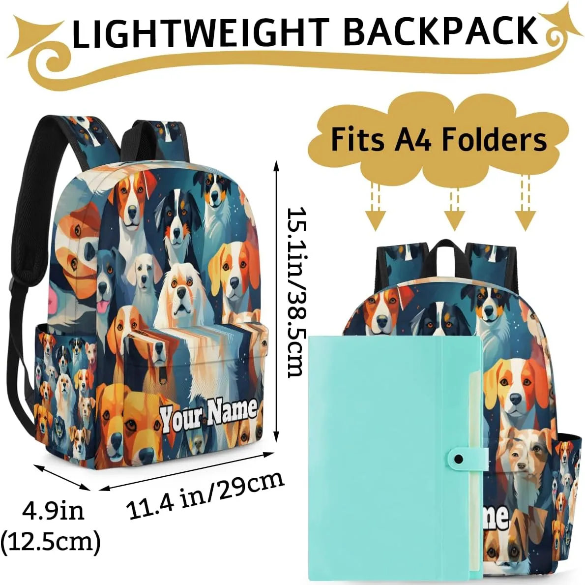 Personalized Dog Print Preschool Toddler Backpack for Boys Girls Custom Kids Name Small Bookbags Kindergarten Elementary Backpack, Pet Dogs