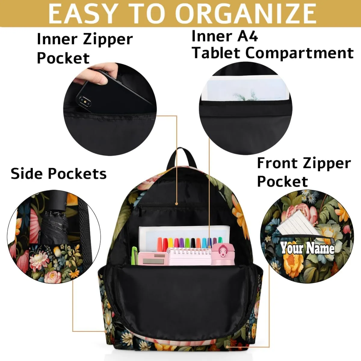 Personalized Flowers Spring Preschool Toddler Backpack for Boys Girls Custom Kids Name Small Bookbags Kindergarten Elementary Backpack, Floral