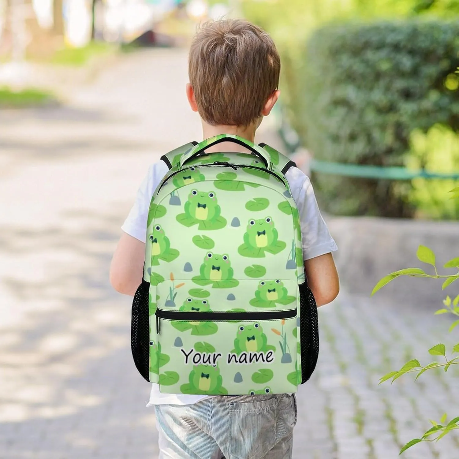 Personalized Frog Backpacks for Girls Boys, 16 Inch Cute Backpack for School, Green, Large Capacity, Durable, Lightweight Bookbag for Kids Travel