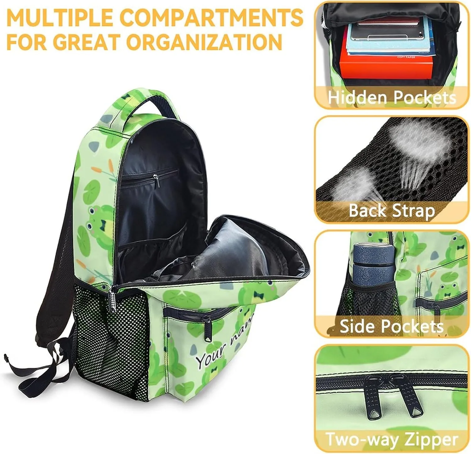 Personalized Frog Backpacks for Girls Boys, 16 Inch Cute Backpack for School, Green, Large Capacity, Durable, Lightweight Bookbag for Kids Travel