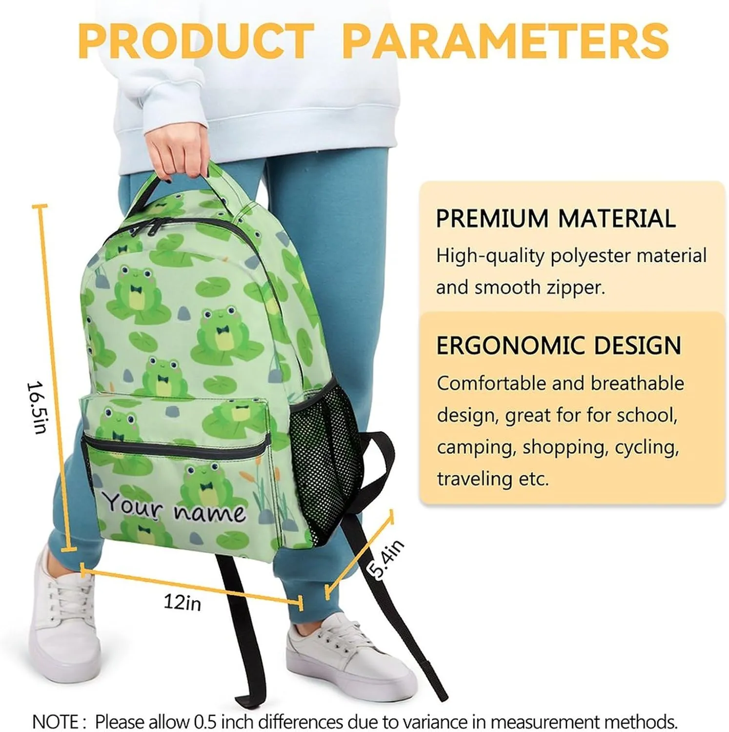 Personalized Frog Backpacks for Girls Boys, 16 Inch Cute Backpack for School, Green, Large Capacity, Durable, Lightweight Bookbag for Kids Travel