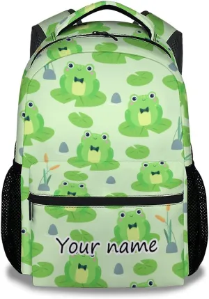Personalized Frog Backpacks for Girls Boys, 16 Inch Cute Backpack for School, Green, Large Capacity, Durable, Lightweight Bookbag for Kids Travel