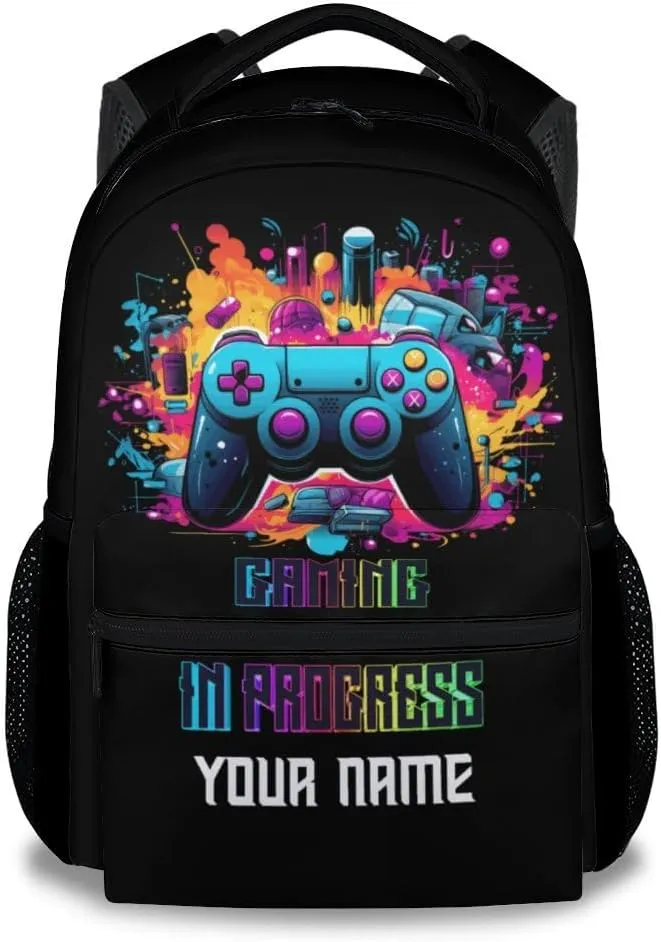 Personalized Kid Backpack for Boys - 17 Inch Black Durable Gamer Bookbag for School, Travel and Camp - Aesthetic School Backpack with Large Capacity, Lightweight