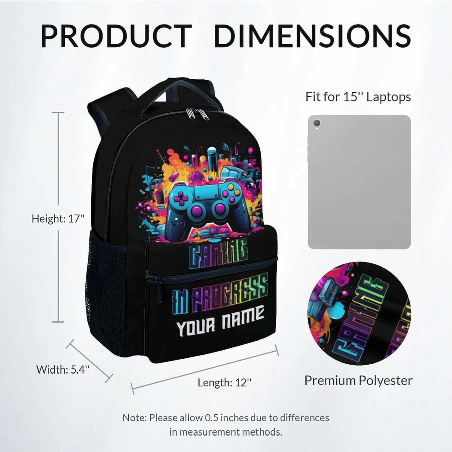 Personalized Kid Backpack for Boys - 17 Inch Black Durable Gamer Bookbag for School, Travel and Camp - Aesthetic School Backpack with Large Capacity, Lightweight