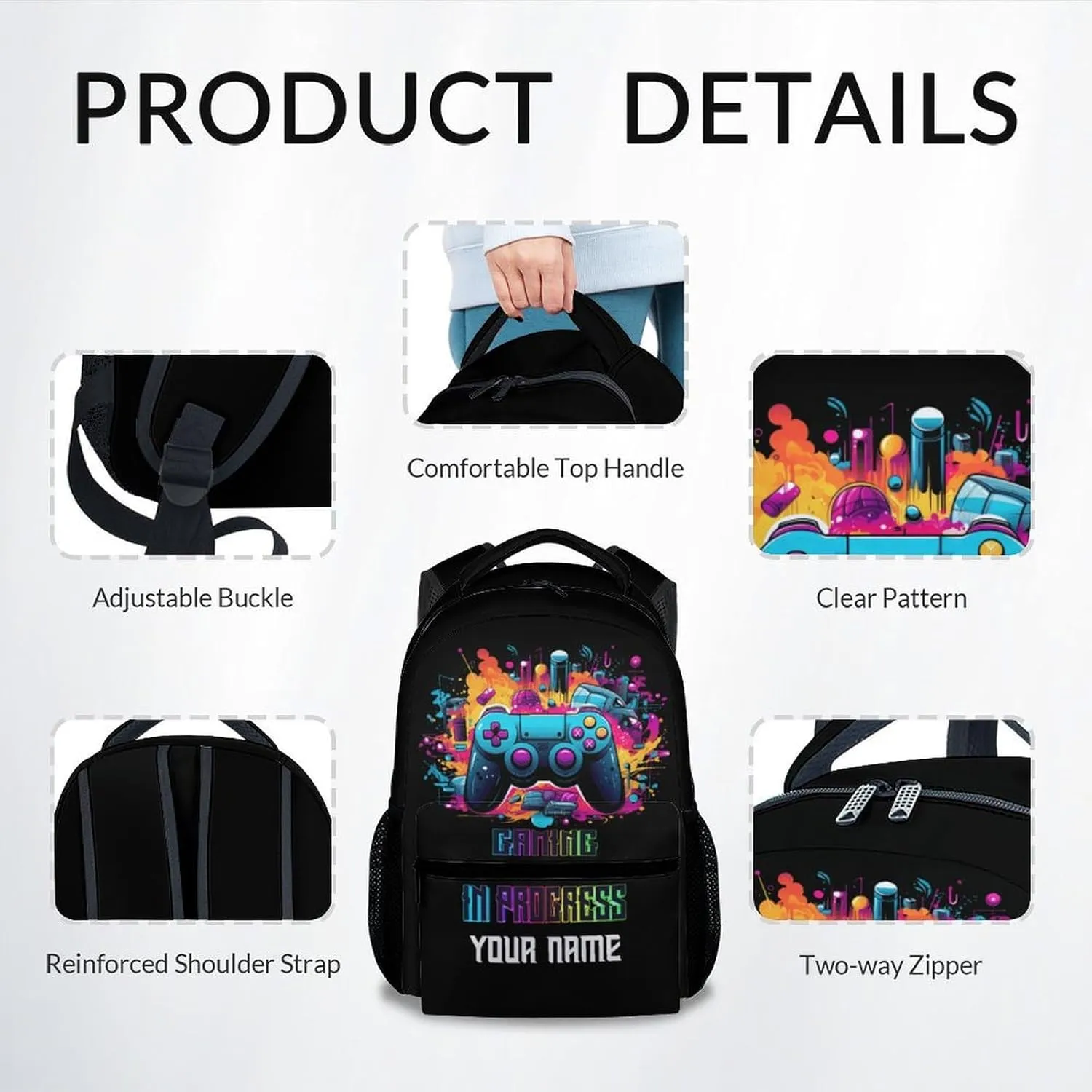 Personalized Kid Backpack for Boys - 17 Inch Black Durable Gamer Bookbag for School, Travel and Camp - Aesthetic School Backpack with Large Capacity, Lightweight