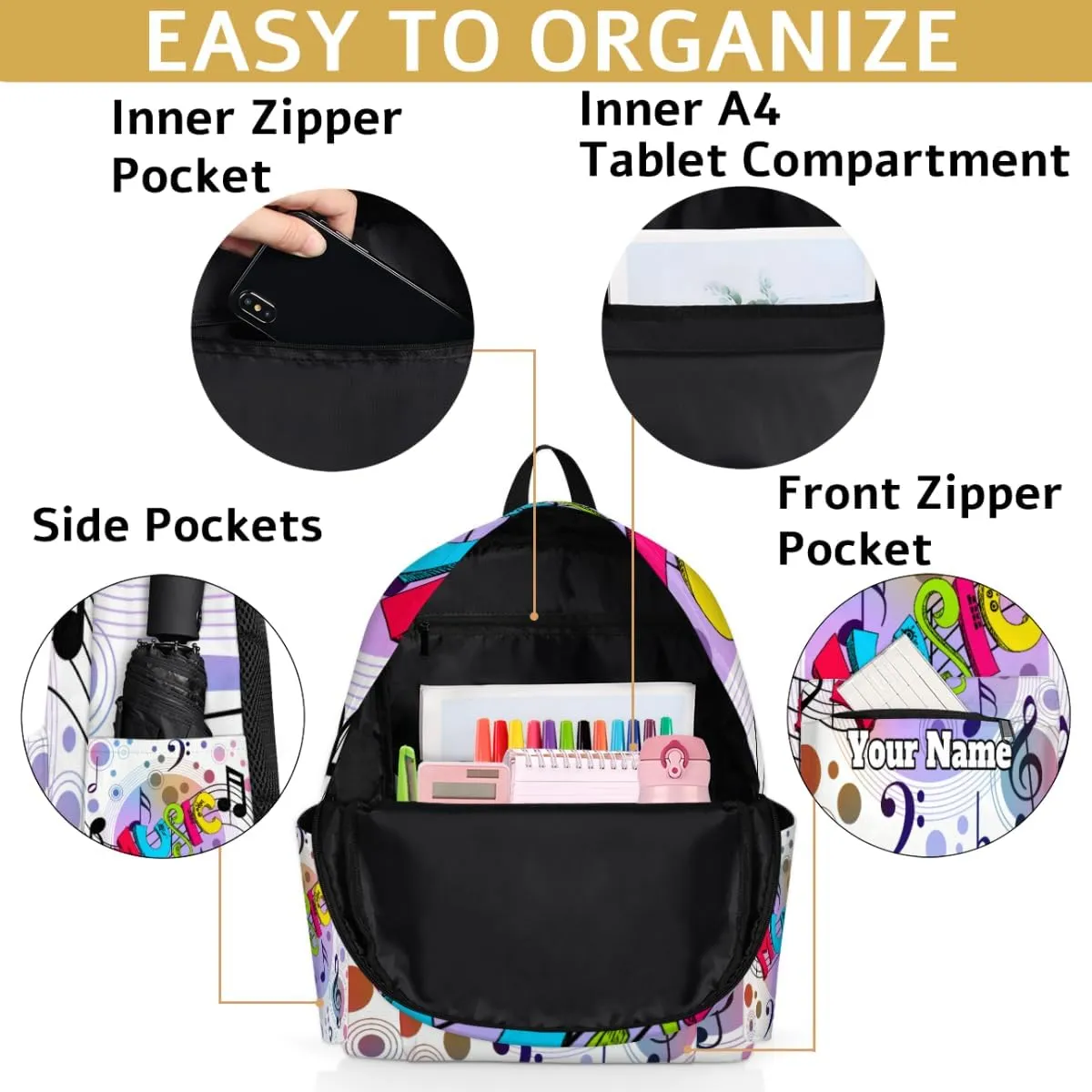 Personalized Music Theme Preschool Toddler Backpack for Boys Girls Custom Kids Name Small Bookbags Kindergarten Elementary Backpack, Musical Note