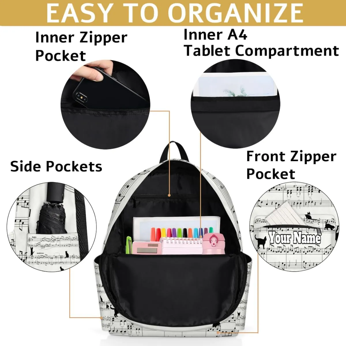 Personalized Musical Notes Preschool Toddler Backpack for Boys Girls Custom Kids Name Small Bookbags Kindergarten Elementary Backpack, Cat Print