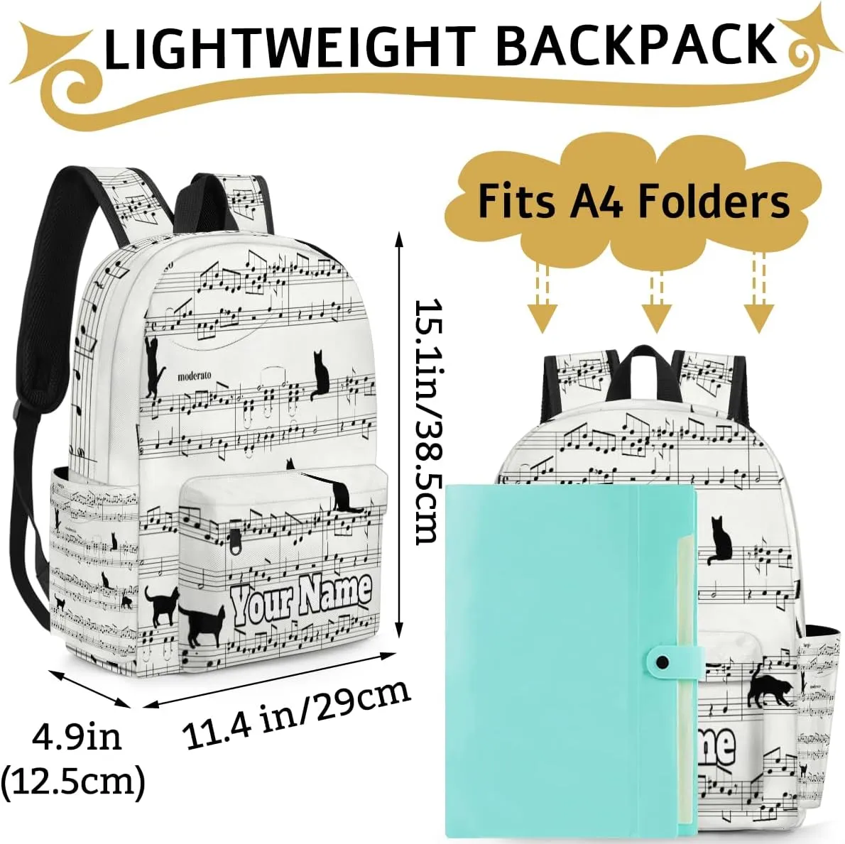 Personalized Musical Notes Preschool Toddler Backpack for Boys Girls Custom Kids Name Small Bookbags Kindergarten Elementary Backpack, Cat Print