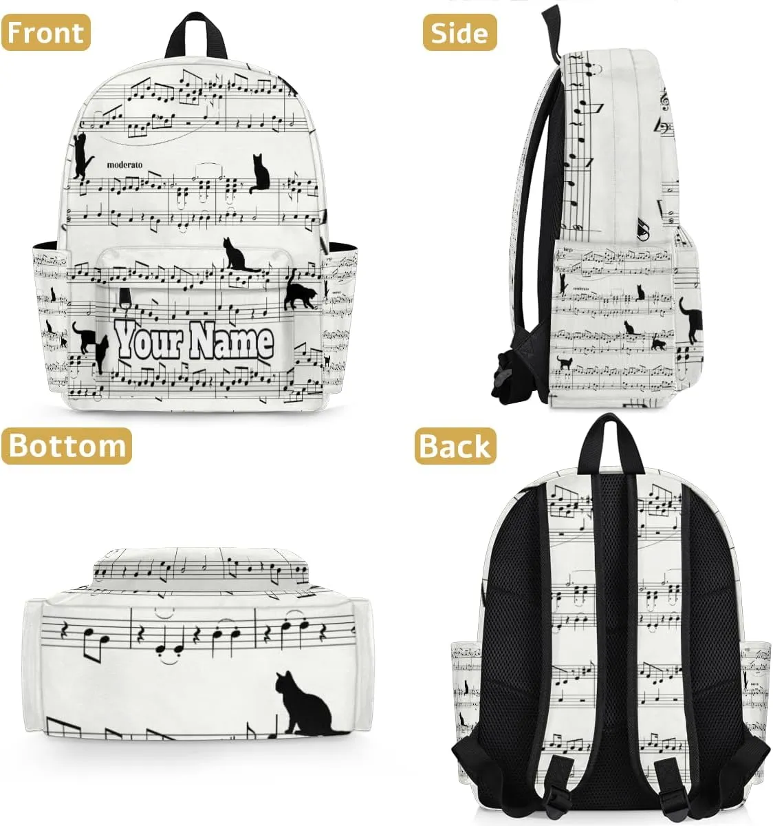 Personalized Musical Notes Preschool Toddler Backpack for Boys Girls Custom Kids Name Small Bookbags Kindergarten Elementary Backpack, Cat Print