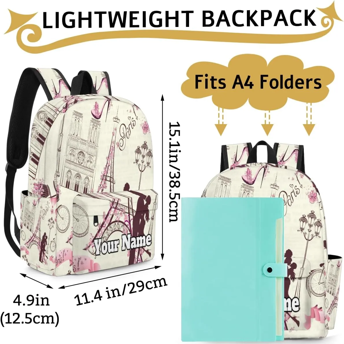 Personalized Paris Preschool Toddler Backpack for Boys Girls Custom Kids Name Small Bookbags Kindergarten Elementary Backpack, France Eiffel Tower Couple