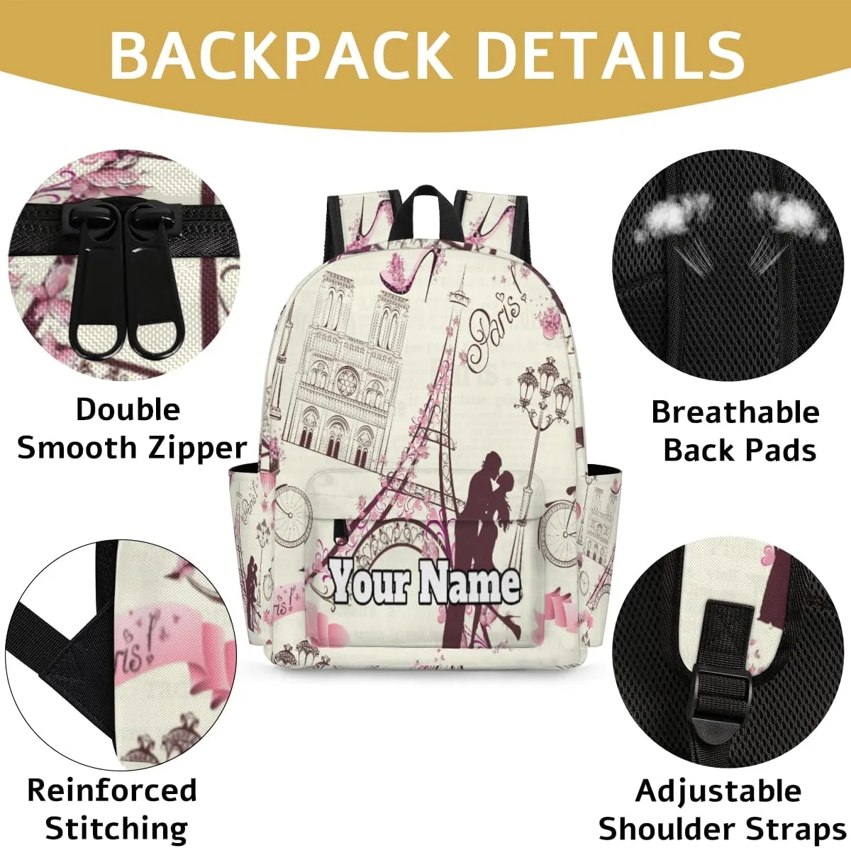Personalized Paris Preschool Toddler Backpack for Boys Girls Custom Kids Name Small Bookbags Kindergarten Elementary Backpack, France Eiffel Tower Couple