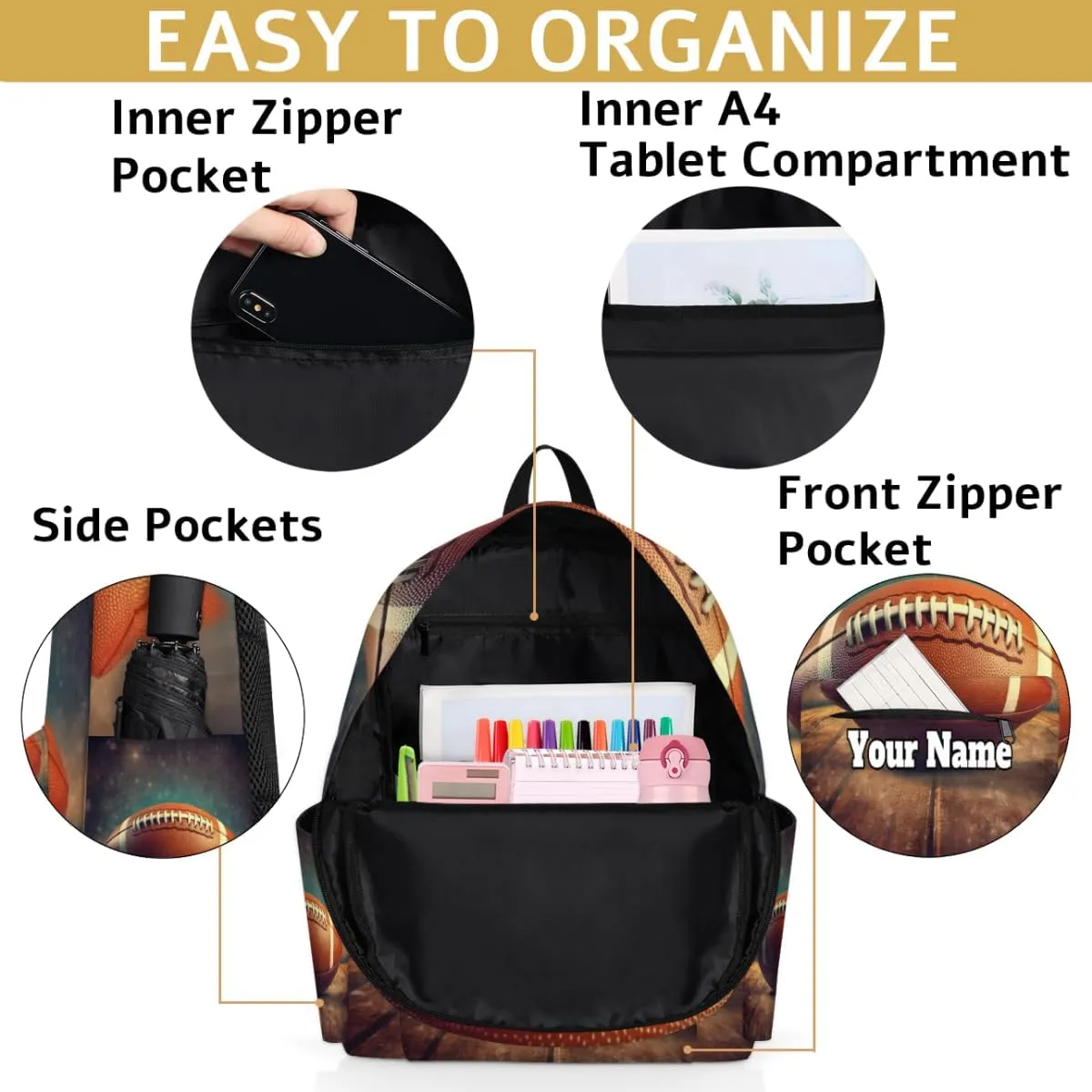 Personalized Rugby Football Preschool Toddler Backpack for Boys Girls Custom Kids Name Small Bookbags Kindergarten Elementary Backpack, Sport Ball