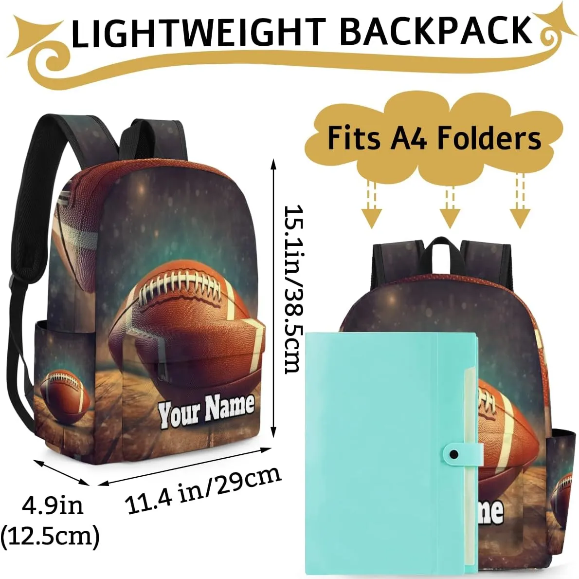 Personalized Rugby Football Preschool Toddler Backpack for Boys Girls Custom Kids Name Small Bookbags Kindergarten Elementary Backpack, Sport Ball