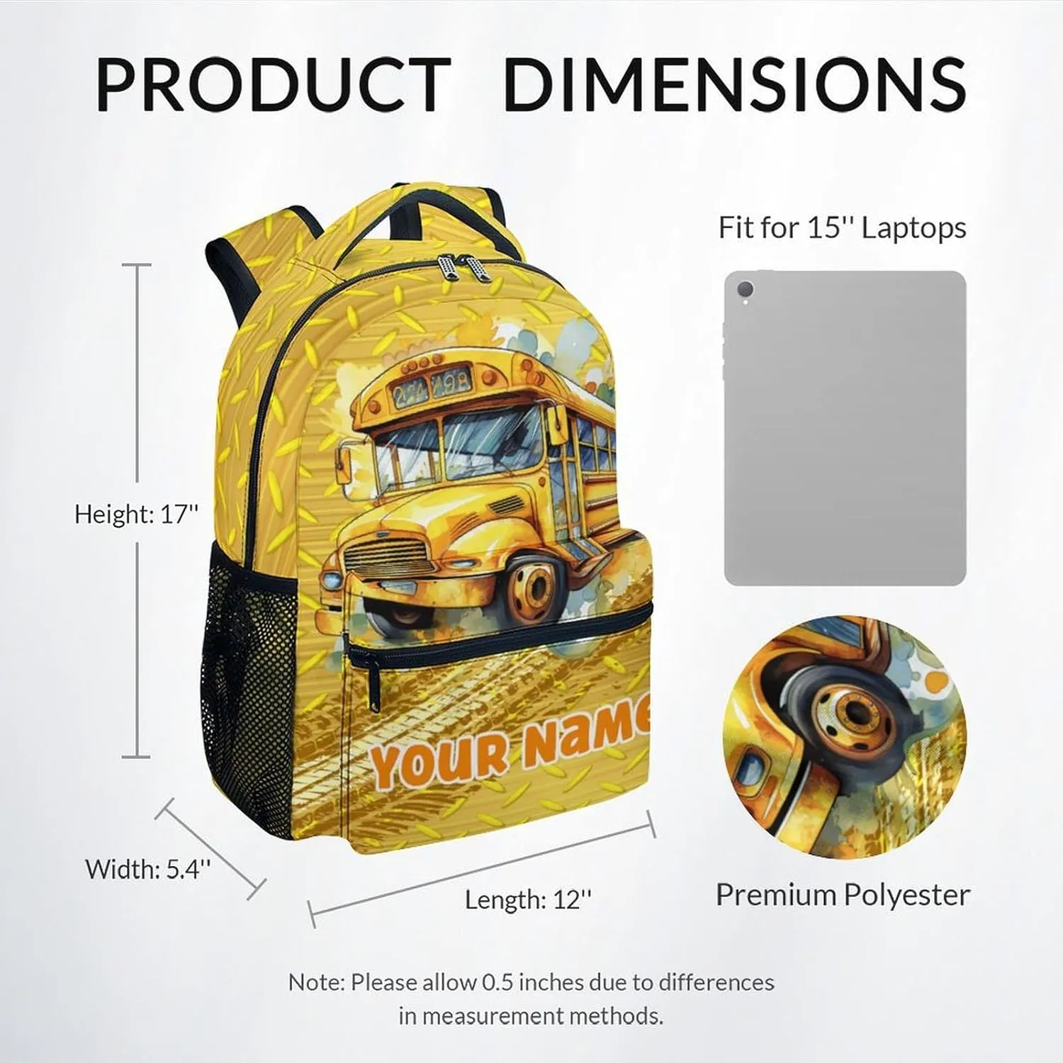 Personalized School Bus Backpack for Boys Girls, School Backpack for Kids Child, 17 Inch Kids Bookbag for Elementary Middle School, Funny Yellow Durable Car Backpacks