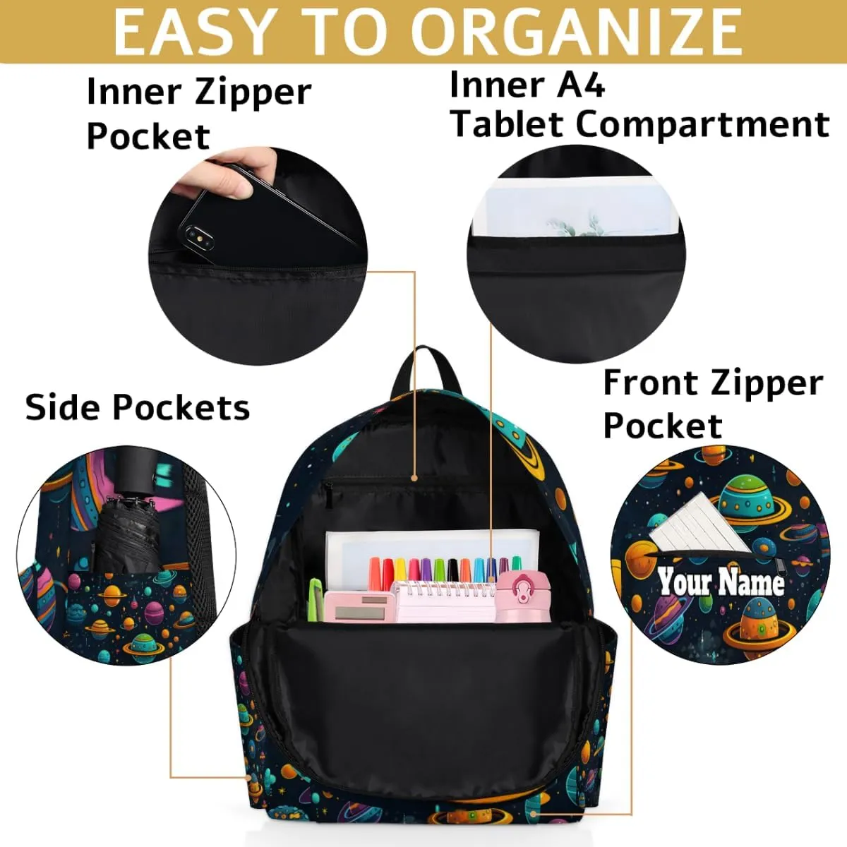 Personalized Solar System Preschool Toddler Backpack for Boys Girls Custom Kids Name Small Bookbags Kindergarten Elementary Backpack, Outer Space