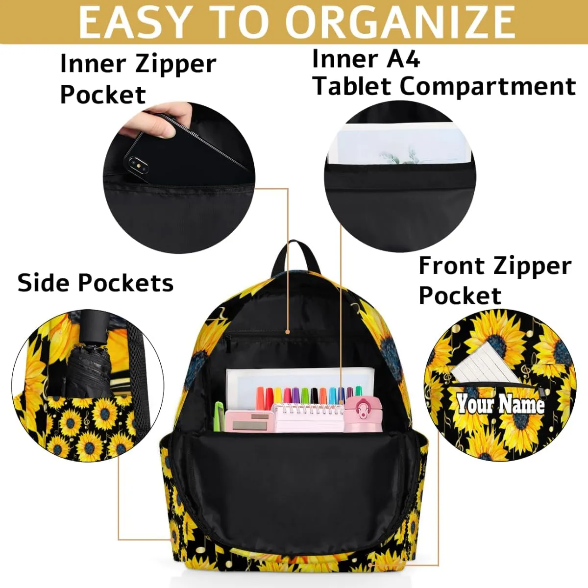 Personalized Sunflower Preschool Toddler Backpack for Boys Girls Custom Kids Name Small Bookbags Kindergarten Elementary Backpack, Music Note