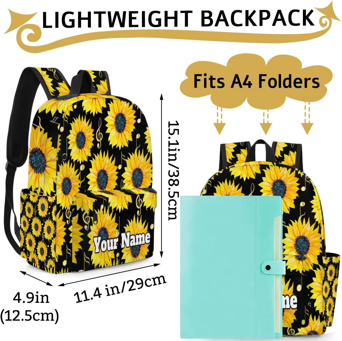 Personalized Sunflower Preschool Toddler Backpack for Boys Girls Custom Kids Name Small Bookbags Kindergarten Elementary Backpack, Music Note