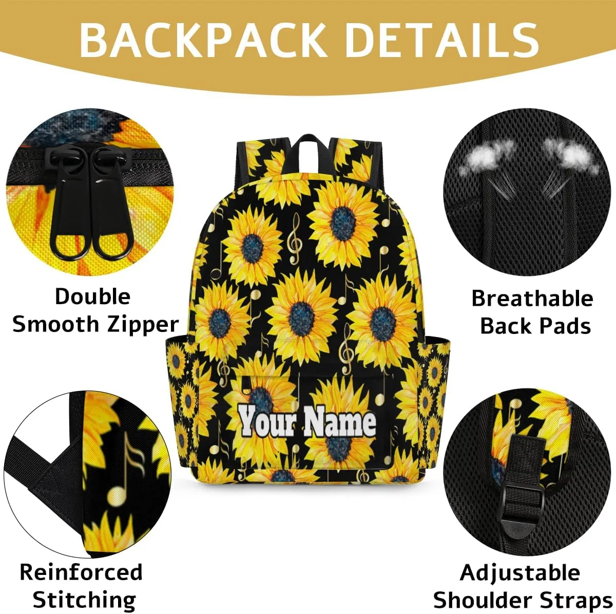 Personalized Sunflower Preschool Toddler Backpack for Boys Girls Custom Kids Name Small Bookbags Kindergarten Elementary Backpack, Music Note