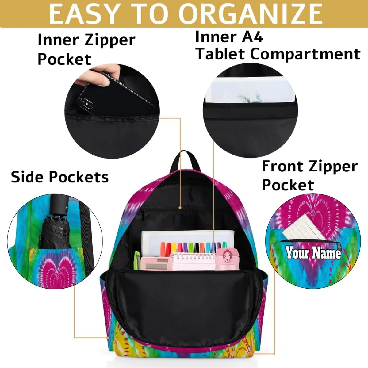 Personalized Tie Dye Design Preschool Toddler Backpack for Boys Girls Custom Kids Name Small Bookbags Kindergarten Elementary Backpack, Tie Dye