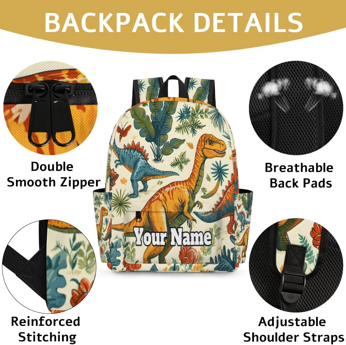 Personalized Wild Dinosaurs Preschool Toddler Backpack for Boys Girls Custom Kids Name Small Bookbags Kindergarten Elementary Backpack, Tropical Plants Dinosaur