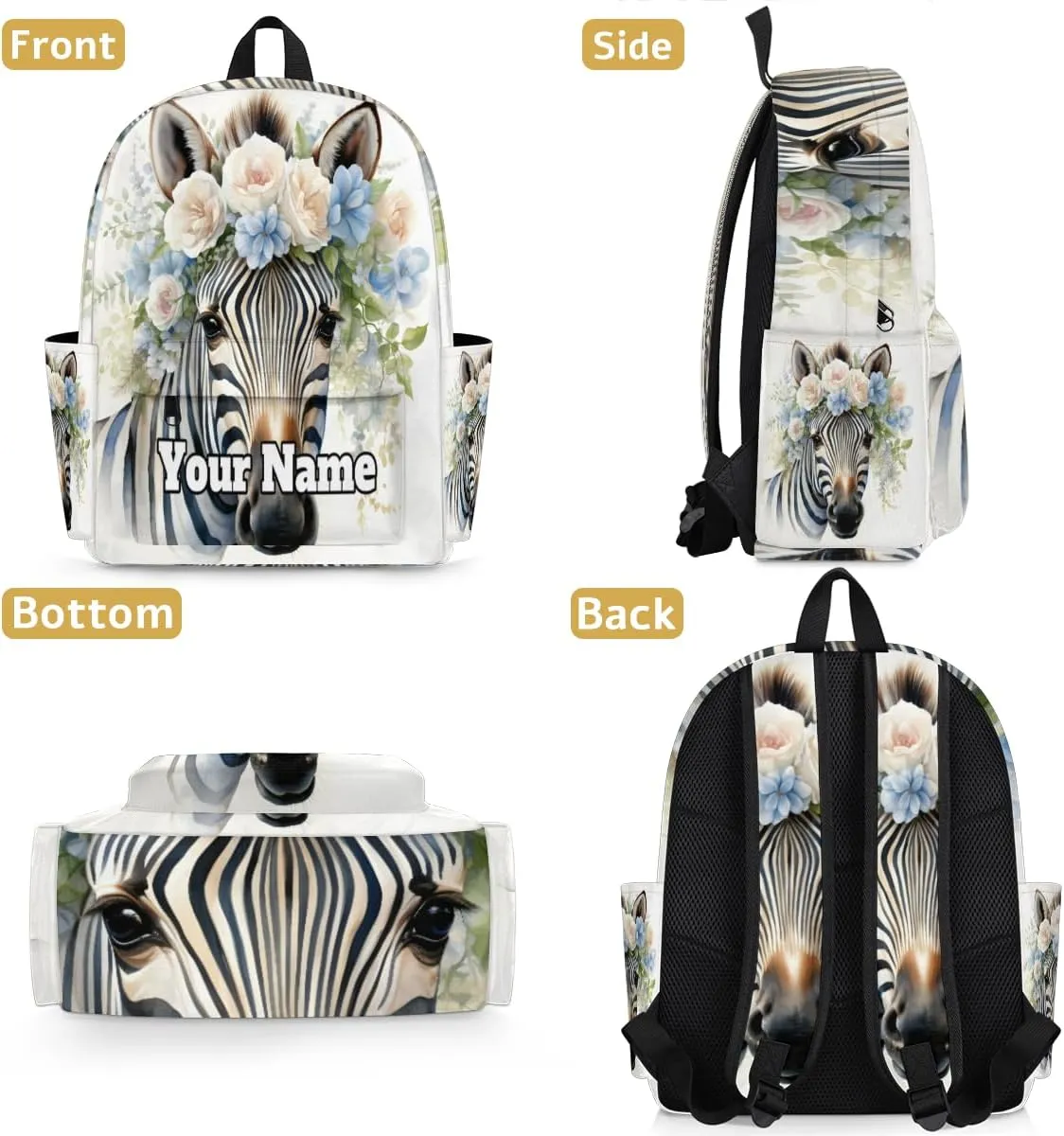 Personalized Zebra Preschool Toddler Backpack for Boys Girls Custom Kids Name Small Bookbags Kindergarten Elementary Backpack, Flower