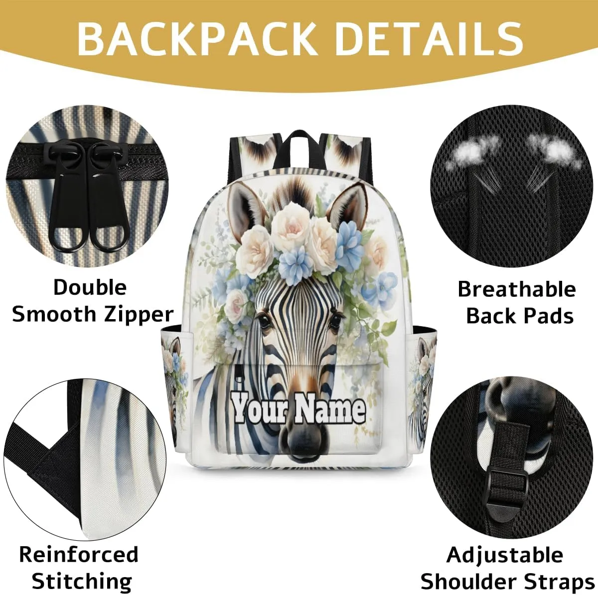Personalized Zebra Preschool Toddler Backpack for Boys Girls Custom Kids Name Small Bookbags Kindergarten Elementary Backpack, Flower