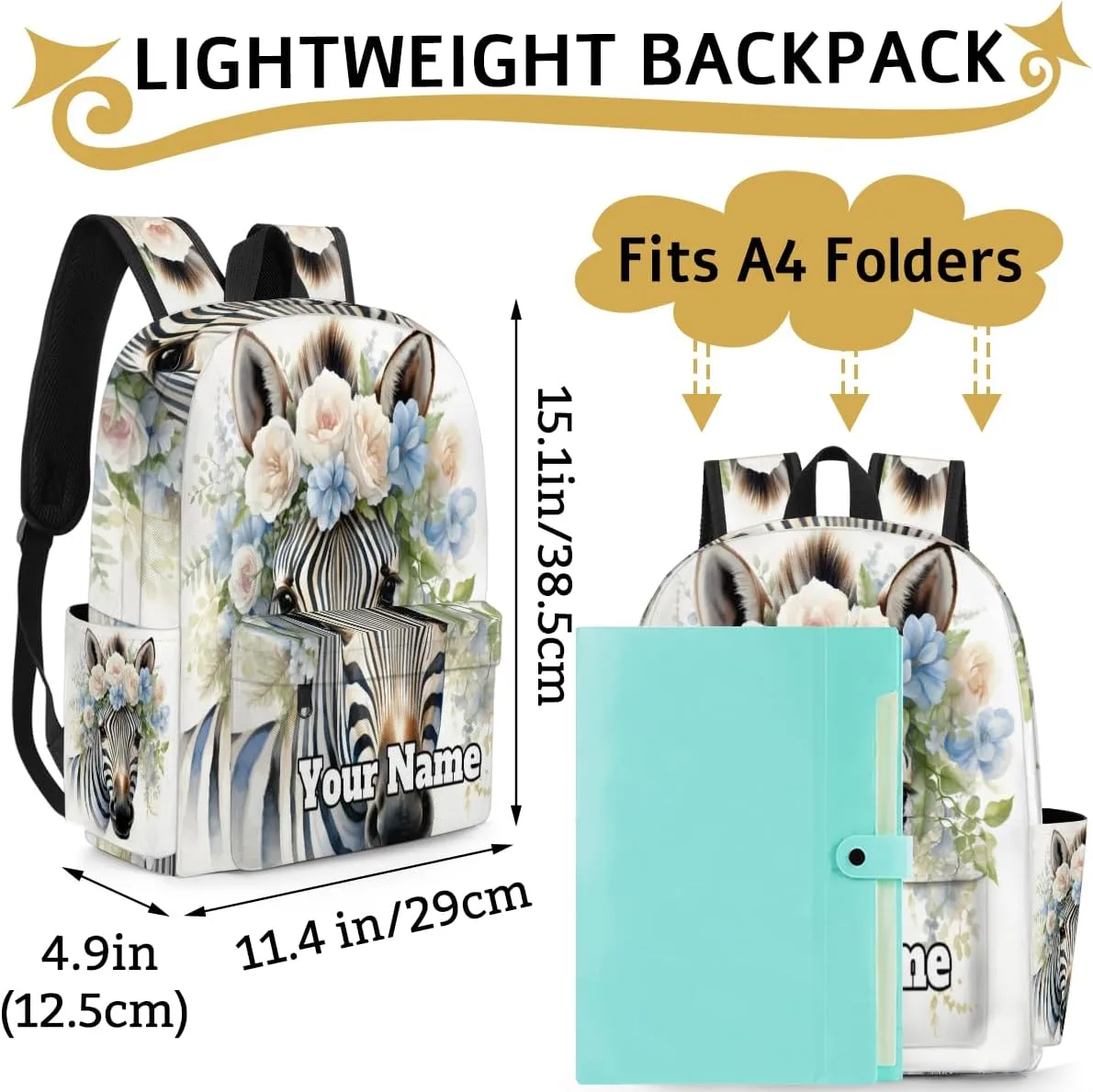 Personalized Zebra Preschool Toddler Backpack for Boys Girls Custom Kids Name Small Bookbags Kindergarten Elementary Backpack, Flower
