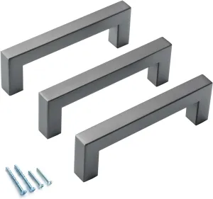 Pewter Cabinet Pulls 10 Pack 3 3/4 Inch Hole Center Ancient Grey Drawer Pulls Stainless Steel Modern Square Cupboard Handles Kitchen Handles for Cabinets Grey Hardware