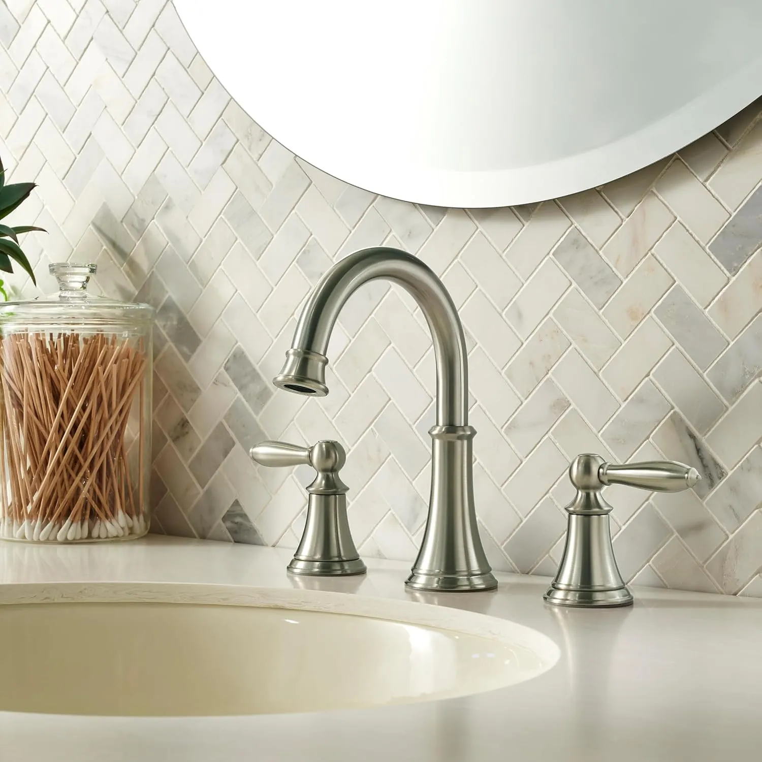 Pfister Courant Bathroom Sink Faucet, 8-Inch Widespread, 2-Handle, 3-Hole, Brushed Nickel Finish, LF049COKK