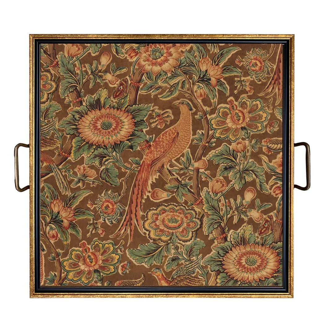 Pheasant and Flower Decorative Tray with Brass Handles