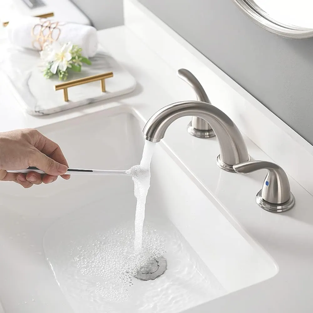 Phiestina 8 Inch 2 Handles 3 Holes Deck Mount Brushed Nickel Widespread Bathroom Faucet, with Stainless Steel Pop Up Drain, WF008-5-BN