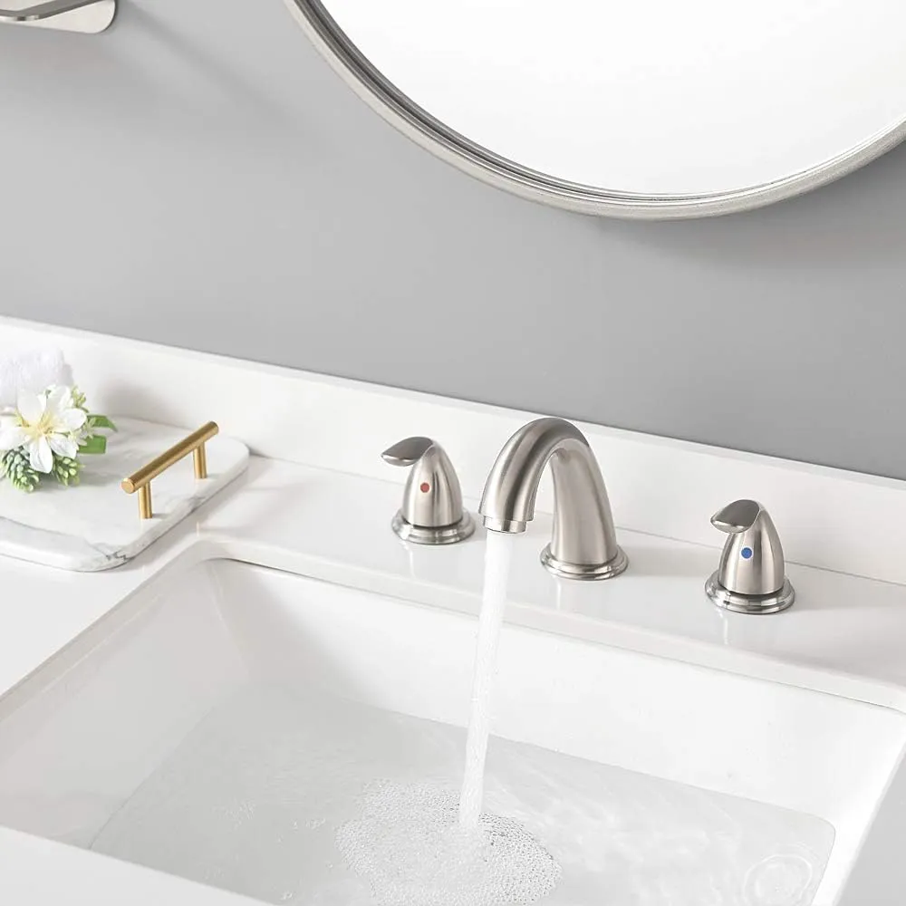 Phiestina 8 Inch 2 Handles 3 Holes Deck Mount Brushed Nickel Widespread Bathroom Faucet, with Stainless Steel Pop Up Drain, WF008-5-BN