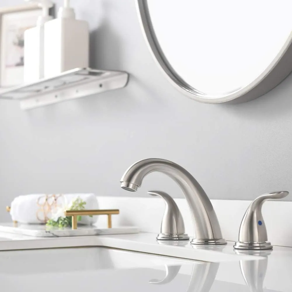 Phiestina 8 Inch 2 Handles 3 Holes Deck Mount Brushed Nickel Widespread Bathroom Faucet, with Stainless Steel Pop Up Drain, WF008-5-BN