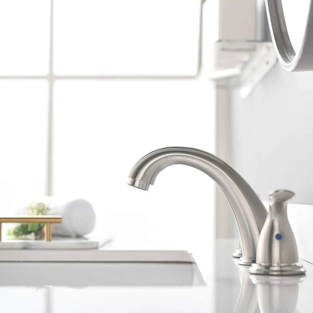 Phiestina 8 Inch 2 Handles 3 Holes Deck Mount Brushed Nickel Widespread Bathroom Faucet, with Stainless Steel Pop Up Drain, WF008-5-BN