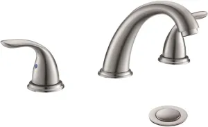 Phiestina 8 Inch 2 Handles 3 Holes Deck Mount Brushed Nickel Widespread Bathroom Faucet, with Stainless Steel Pop Up Drain, WF008-5-BN