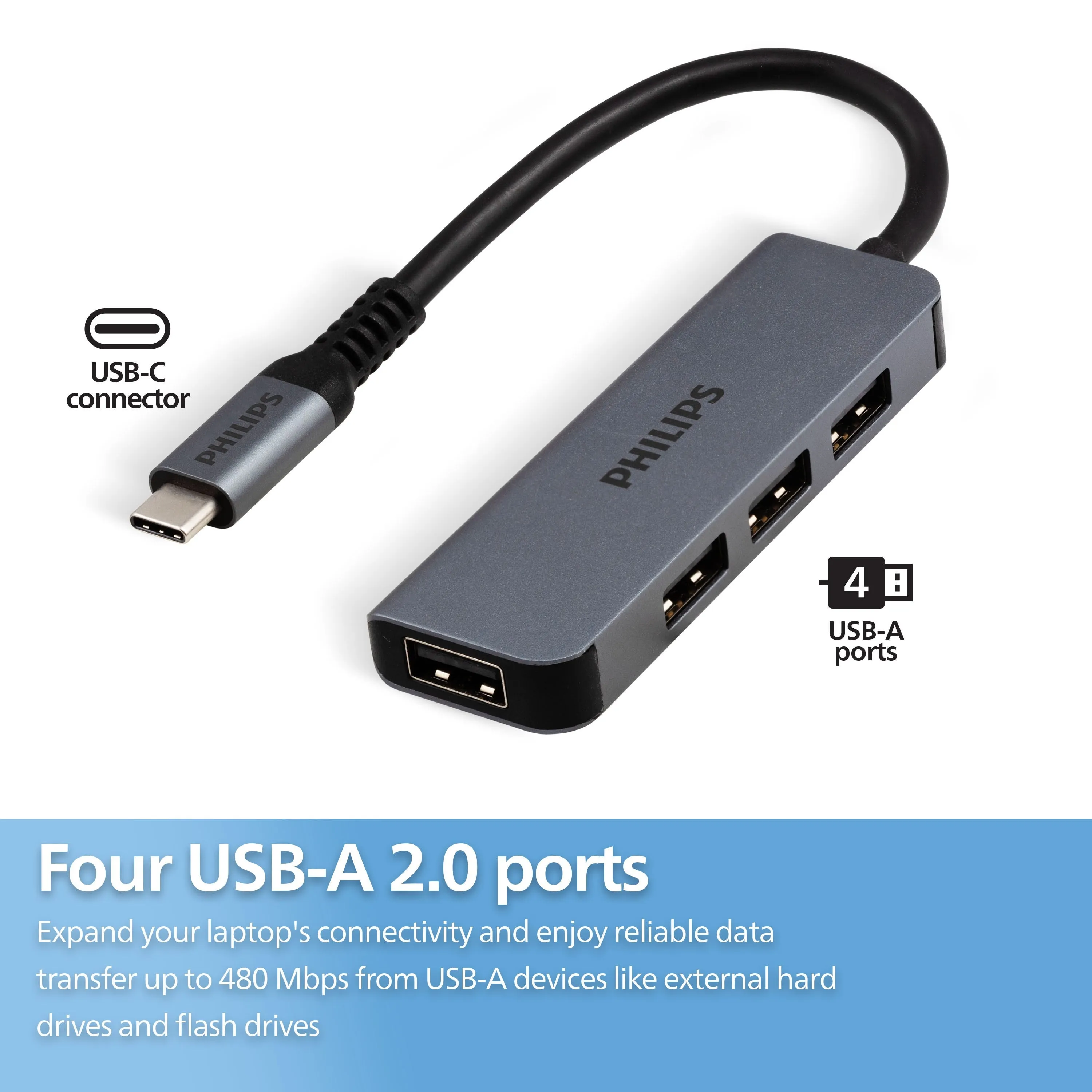Philips USB-C to USB-A 4-Port Adapter, Silver