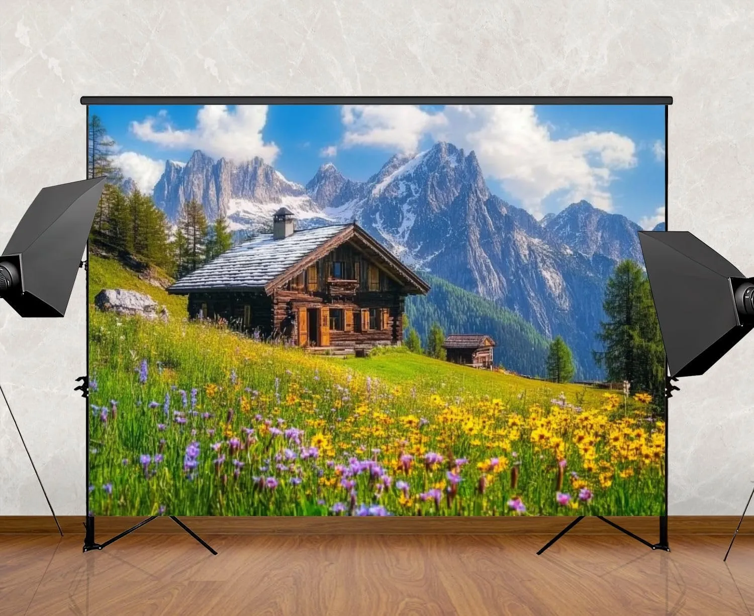 Photography Backdrop Photography Background Alpine Scenery Mountain Chalet Summer for Photoshoot Portrait Photo Studio Video Prop Birthday Party Booth Decoration 7x5ft