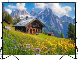 Photography Backdrop Photography Background Alpine Scenery Mountain Chalet Summer for Photoshoot Portrait Photo Studio Video Prop Birthday Party Booth Decoration 7x5ft