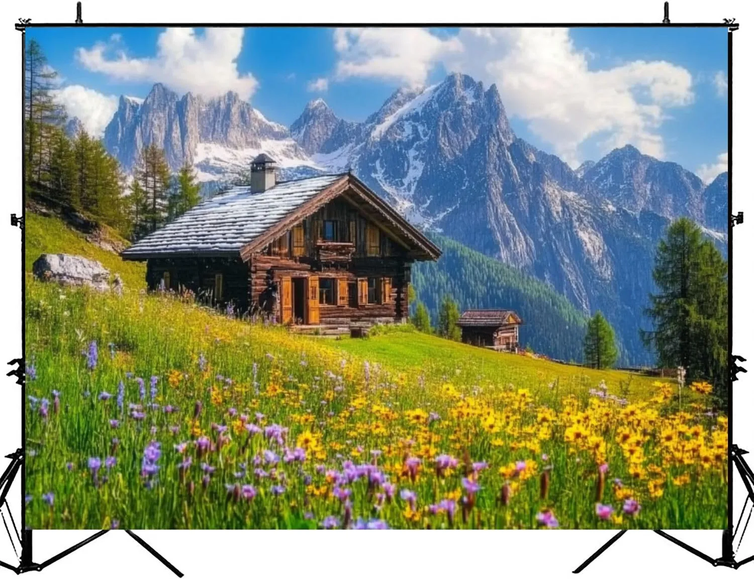 Photography Backdrop Photography Background Alpine Scenery Mountain Chalet Summer for Photoshoot Portrait Photo Studio Video Prop Birthday Party Booth Decoration 7x5ft