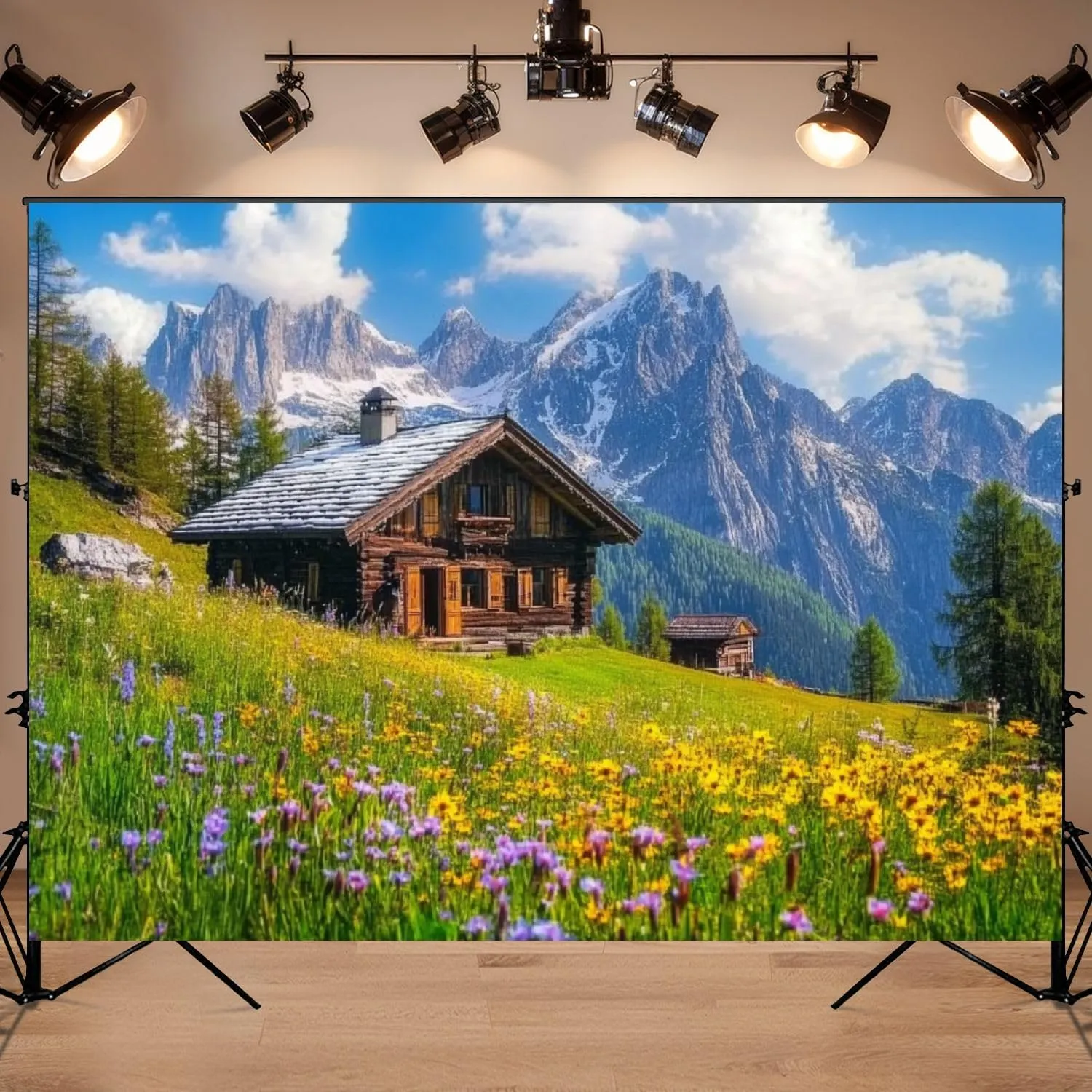 Photography Backdrop Photography Background Alpine Scenery Mountain Chalet Summer for Photoshoot Portrait Photo Studio Video Prop Birthday Party Booth Decoration 7x5ft